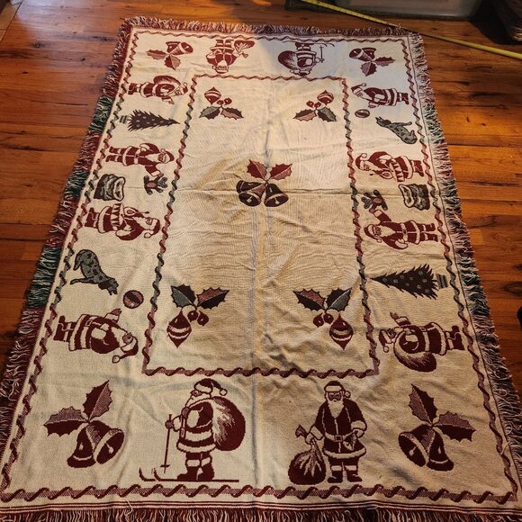 Vintage Christmas Woven Cotton Throw Blanket 47" X 70" Made In Spain With Fringe - Picture 5 of 5